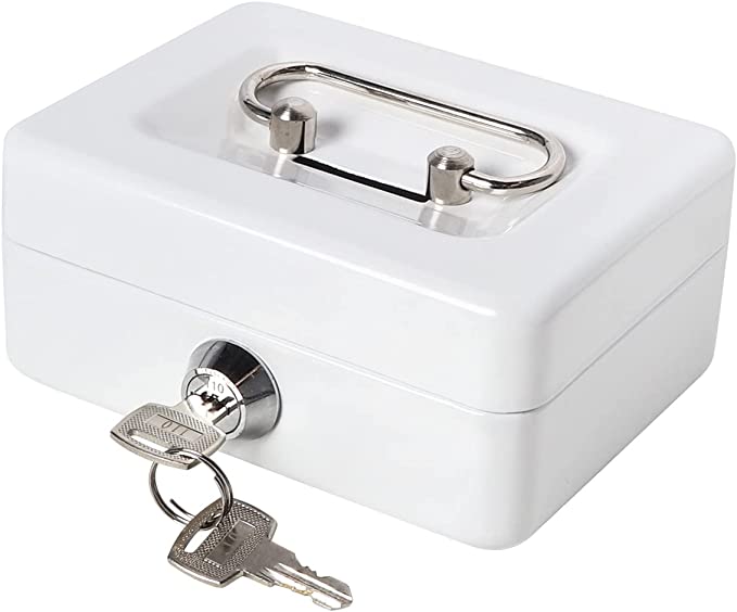 Small Lock Cash Box with Key Lock and Slot, Locking Money Box for Kids, White