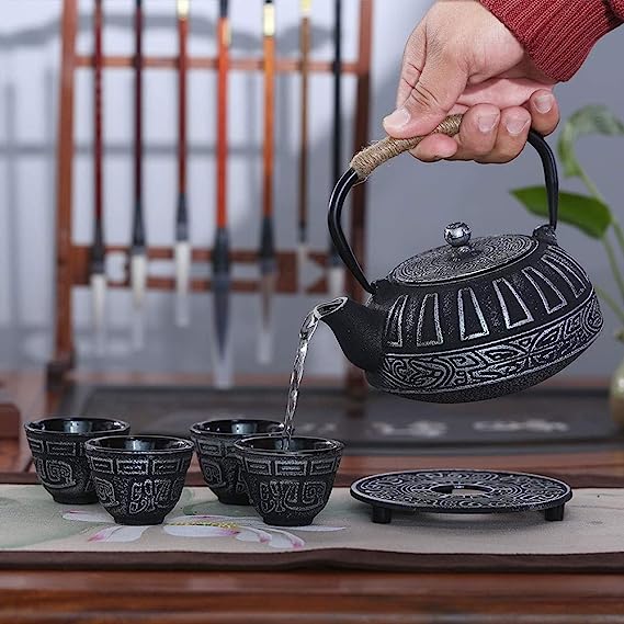 Enameled Interior Cast Iron Tea Pot with 4 Teacup for Stove Top