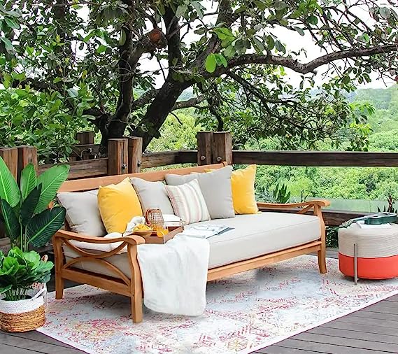 Cambridge Casual Abbington Teak Wood Outdoor Sofa Day Bed with Beige Cushion