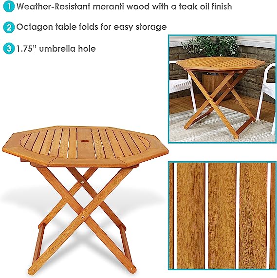 Meranti Wood Octagon Outdoor Folding Patio Table - Teak Oil Finish