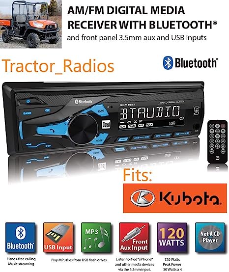Compatible Kubota Tractor Direct Connect Stereo Radio MP3 AM FM USB Aux Bluetooth Remote