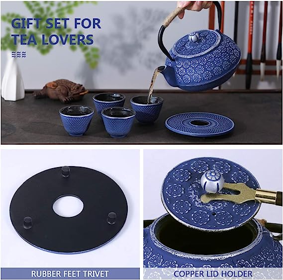 Blue Floral Cast Iron Teapot Set Japanese Style Tetsubin Tea Kettle with 4 Cups