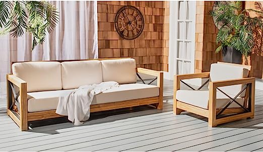 Couture Curacao Brazilian Teak Outdoor 3-Seat Patio Sofa, Natural/White
