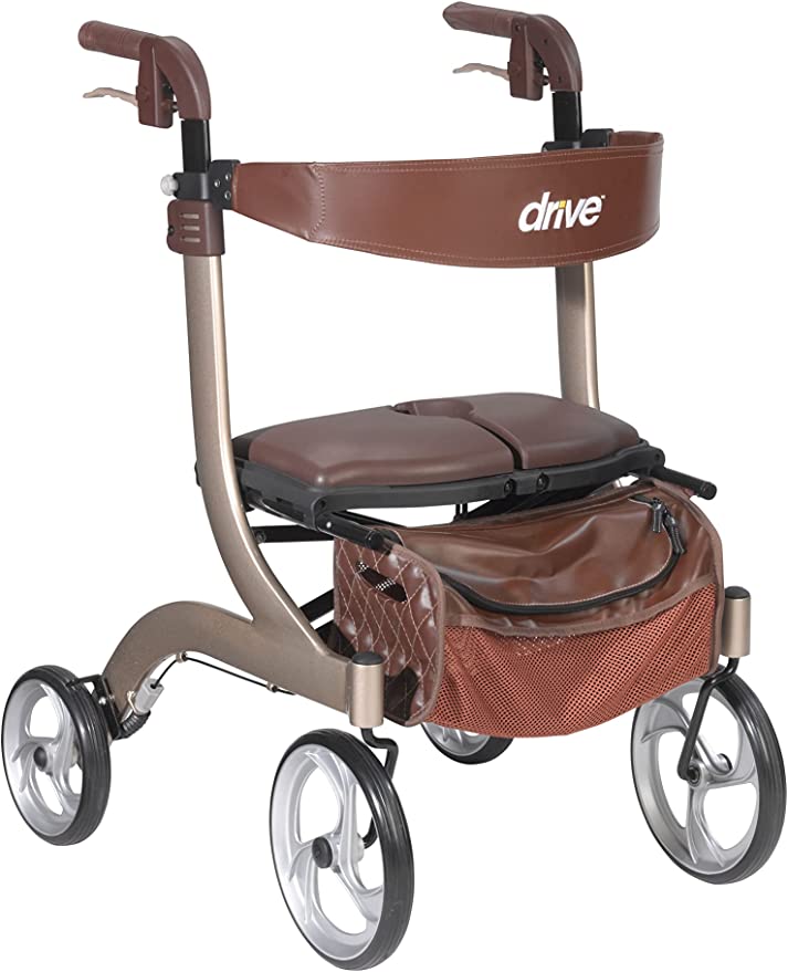 Foldable Rollator Walker with Seat, Champagne (Brown)