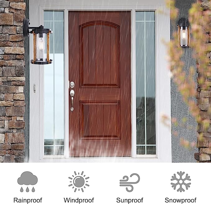 Wood Accent Finsh Exterior Porch Wall Lantern with Clear Seeded Glass