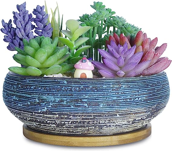 8 Inch Large Succulent Planters with Drainage Ceramic Bonsai Pot with Tray for Indoor Outdoor Plants Garden Decorative Cactus Flower Plant Container Bowl
