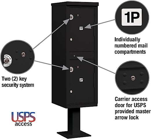 Outdoor Parcel Locker with Pedestal, 2 Compartments, USPS Access, Black