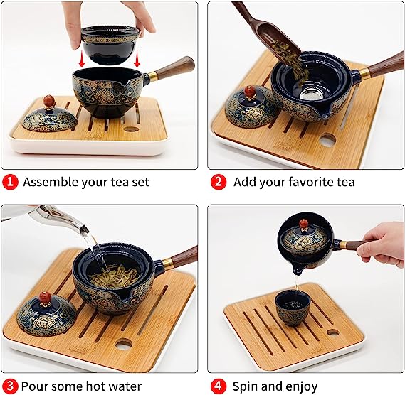 Porcelain Chinese Gongfu Tea Set,Portable Teapot Set with 360 Rotation Tea maker and Infuser