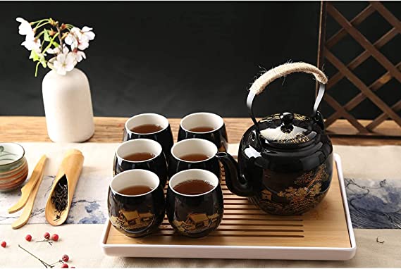 Black Porcelain Tea Set with 1 Teapot Set, 6 Tea Cups, 1 Tea Tray, 1 Stainless Infuser