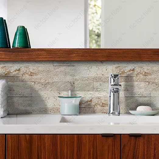 Tiles Peel and Stick Self Adhesive Removable Stick On Kitchen Backsplash Bathroom 3D Stone Tiles (12-Sheet) (Golden Beach)