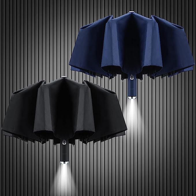 Lightweight Windproof Rain Umbrellas Inverted Travel Umbrella with LED Light Flashlight Handle Black Blue