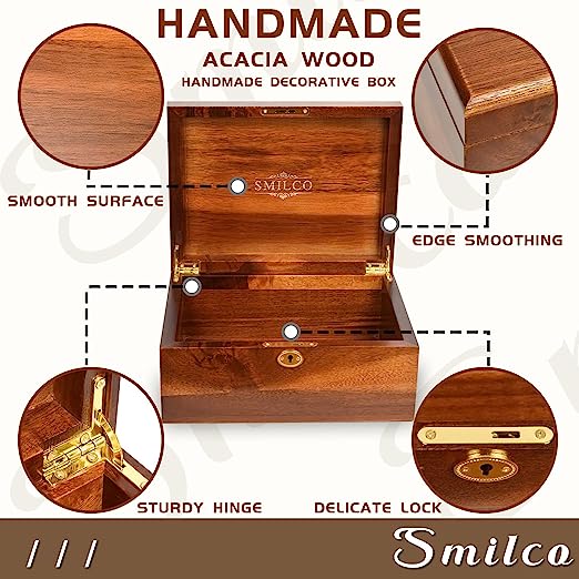 Wooden Box with Hinged Lid Acacia Wood Decorative Storage Boxes Hand-Crafted Wooden Box