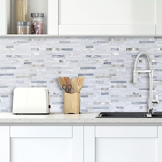 10-Sheets Peel and Stick Backsplash Wall Tile, Faxu Stone PVC Mixed Metal Kitchen Backsplash Peel and Stick in Light Grey