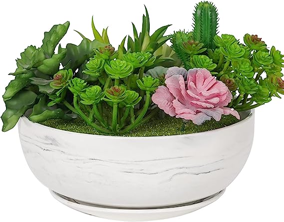 8in Grey Marble Pattern Large Round Succulent Planter Pot Modern Flower Pot Indoor and Outdoor Planter