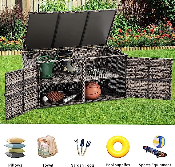 120 Gallon Outdoor Wicker Storage, Large Rattan Deck Box Double Openable Door with Lid and Separate Storage Shelf