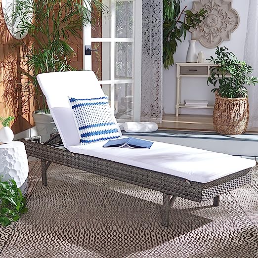 Outdoor Collection Cam Grey Brown Wicker/White Cushion Adjustable Chaise Lounge Chair