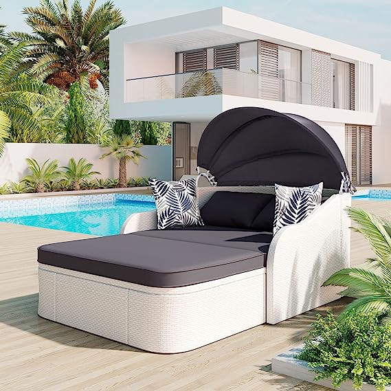 Rattan Wicker Patio Daybed with Washable Cushions and Pillows