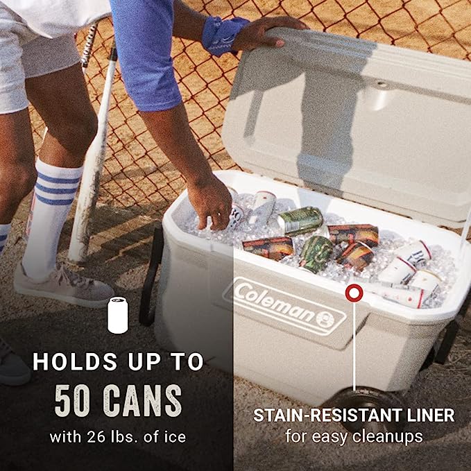 Fully insulated, this portable cooler keeps ice for up to 5 days in temperatures as high as 90°F. It features heavy-duty 6-inch wheels and durable tow & swing-up handles for easy transport. The lid has built-in cup holders with a drain to prevent spills and can support up to 250 lbs as a seat. The cooler has a stain-resistant liner with a leakproof channel drain plug for easy cleanup. It is easy to open and access the contents with a recessed lip. Please note that the logo color on the cooler may vary.