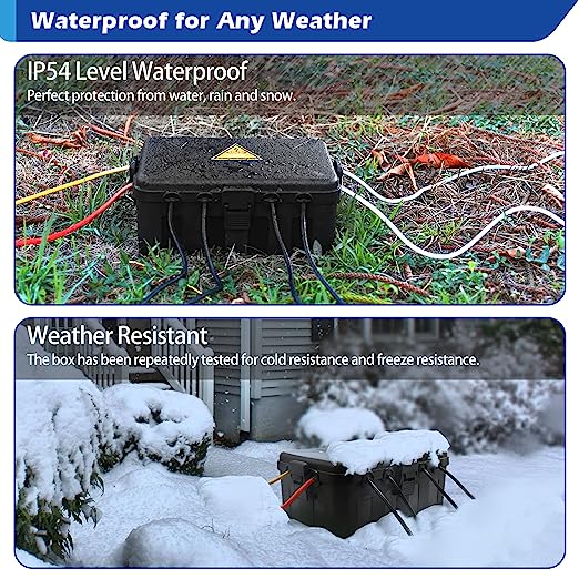 Tested rigorously with IP54 waterproof and -40°C freezing tests, this outlet box withstands 300 pounds and guards against rain, snow, water, and dirt. It's a dependable choice. The large size box features 8 cable inlets/outlets for accommodating multiple power strips, timers, cords, and more. The innovative lock catch is easy to open, while the sealing kit prevents rain and dust. The weatherproof plug cover includes a luminous warning label for nighttime visibility, ensuring safety. Suitable for various outdoor and indoor applications, including lighting, gardening, and surveillance.