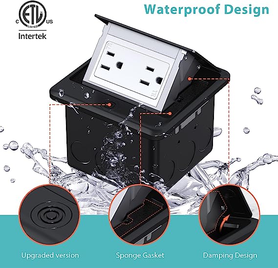 This Pop-Up Floor Outlet Box is ETL-listed and easy to use. It conveniently pops up when in use and hides within the box when not in use. A waterproof gasket offering IP44-rated protection effectively prevents water spray ingress when closed. Perfect for various applications, including hardwood, carpet, tile flooring, and granite/marble kitchen countertops. Suitable for residential and business environments such as board/conference rooms, lobbies, waiting rooms, and hospital rooms.