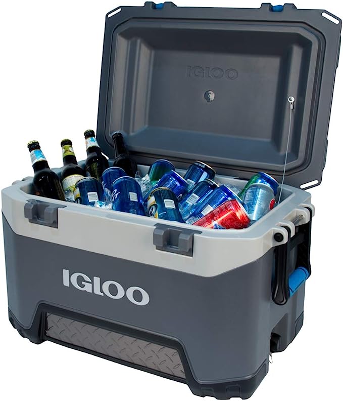 Heavy-duty blow-molded construction with reinforced base for increased strength. Durable yet lightweight with 4-5 day ice retention at 90°F. UV inhibitors protect against sun damage. Rust-resistant stainless-steel hinge rods and hardware. Rubberized T-grip latches keep lid secure. Threaded drain plug is garden hose compatible. MaxCold body with thicker foam for advanced cooling. Cool Riser Technology elevates cooler for improved performance.