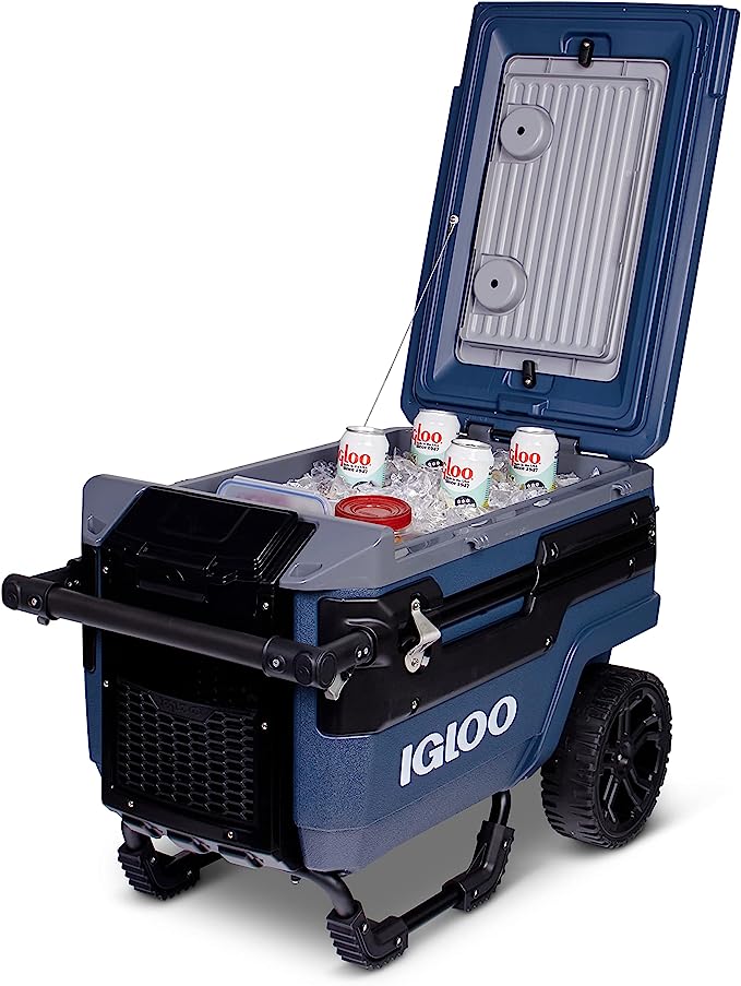 Spacious 70-quart capacity fits 112 cans. Superior traction and ground clearance with 10-inch smooth-ride wheels. Effortlessly pull your load with the dual-trigger steel Glide handle offering comfort and leverage. THERMECOOL foam insulation provides excellent ice retention. Lockable, water-resistant storage compartment keeps essentials dry and accessible.