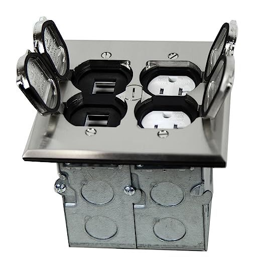 It features networking cable-ready datacom ports and 14 side and bottom knockouts. Designed for installation on floors with raised foundations and subfloors (not in concrete slabs), it can be mounted flush with the floor or counter. The flip lids are lockable for added security, while the watertight gasket and corrosion-resistant hardware ensure durability. This product includes a proprietary galvanized steel junction box. Installation requires cutting, fastening, and measuring tools, and it is recommended to consult a qualified electrician. Instructions are included, and neutral, hot, and ground wiring are required.