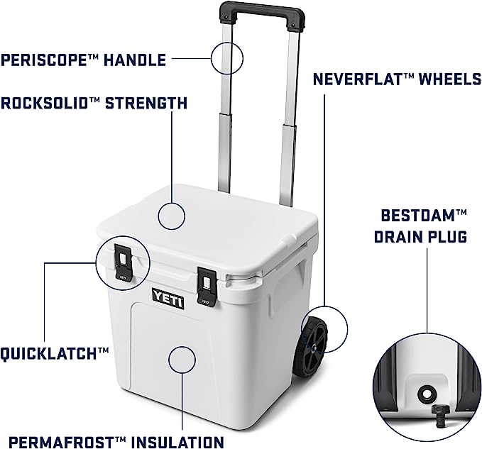Roadie 48 Wheeled Cooler with Retractable Periscope Handle. Perfect for long treks and all-day tailgates. The periscope handle is convenient and sturdy. NeverFlat wheels are impact and puncture-resistant. LipGrip handles make carrying your catch easy. BearFoot non-slip feet prevent sliding on boats or in the backseat.