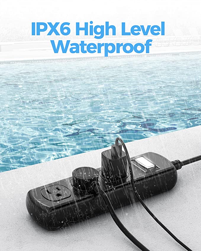IPX6 rated waterproof power strip withstands rain, water splash, and flow. Note: not for complete submersion (not IPX8 rated). Patented design protects inner circuit from water flow into sockets, with drainage holes for water exit. US standard plug exclusively matches patented socket structure, preventing electric shock from foreign objects. Versatile for bathroom, kitchen, bedroom, baby room, patio, deck, garden, gazebo. Keep your family safe with this waterproof outlet extender. Charge safer, live happier.
