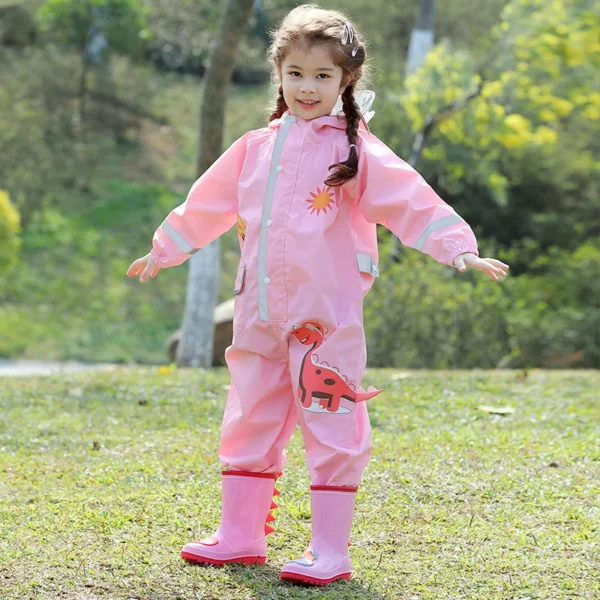 Hooded Toddler Rain Coat - Waterproof Jumpsuit for Kids (1-10 Years) - Boys and Girls One-Piece Cartoon Dinosaur Baby Rainwear with Pants - Image 3