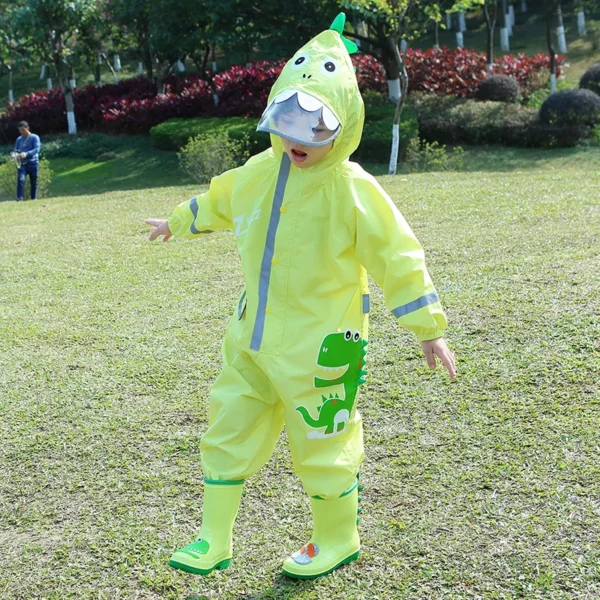 Hooded Toddler Rain Coat - Waterproof Jumpsuit for Kids (1-10 Years) - Boys and Girls One-Piece Cartoon Dinosaur Baby Rainwear with Pants - Image 4