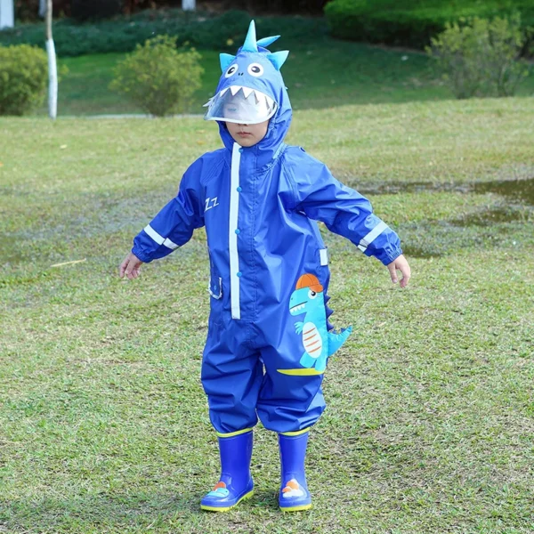 Hooded Toddler Rain Coat - Waterproof Jumpsuit for Kids (1-10 Years) - Boys and Girls One-Piece Cartoon Dinosaur Baby Rainwear with Pants - Image 5