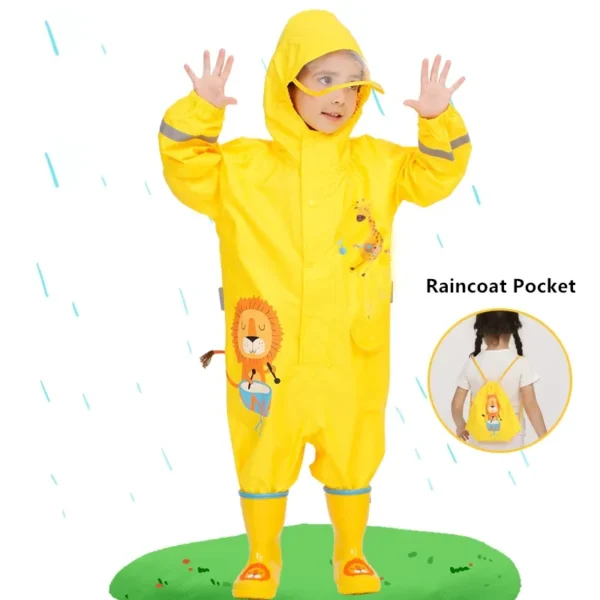 Hooded Toddler Rain Coat - Waterproof Jumpsuit for Kids (1-10 Years) - Boys and Girls One-Piece Cartoon Dinosaur Baby Rainwear with Pants