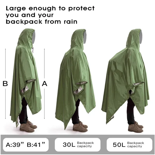 Multifunctional 3-in-1 Waterproof Rain Poncho for Men and Women - Hooded Reusable Rain Coat for Outdoor Camping - Image 3