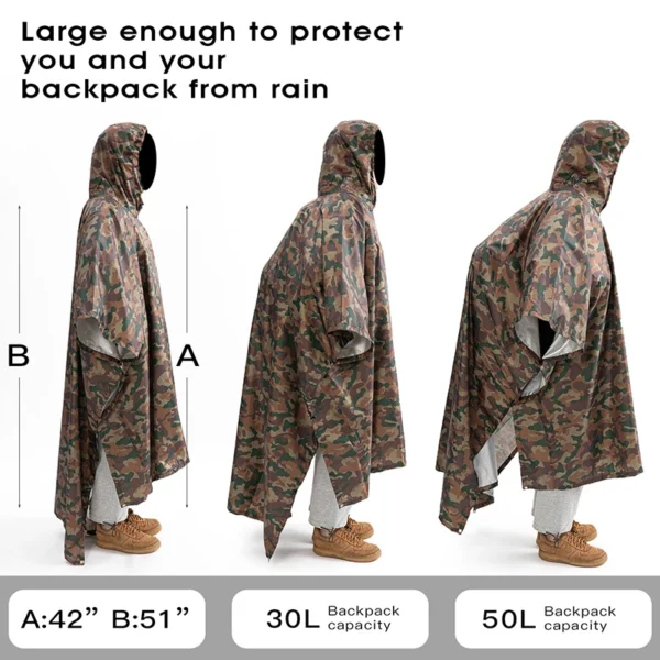 3-in-1 Raincoat - Hooded Rain Cover for Backpack, Ideal for Hiking, Cycling, Outdoor Camping - Waterproof Poncho and Tent Mat - Men's Rain Poncho - Image 3