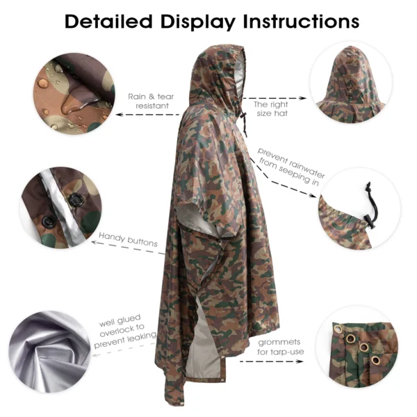 3-in-1 Raincoat - Hooded Rain Cover for Backpack, Ideal for Hiking, Cycling, Outdoor Camping - Waterproof Poncho and Tent Mat - Men's Rain Poncho - Image 4