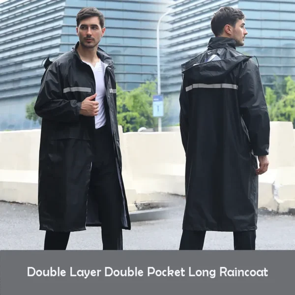 Double Layer Double Pocket Men's Rain Poncho - Black Outdoor Rainwear Waterproof Jacket and Pants Set for Father