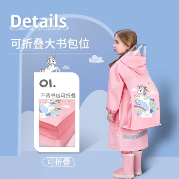 Whole Body Waterproof Kids Rain Poncho - EVA Children's Raincoat for Girls and Boys in Kindergarten with Schoolbag - Image 3