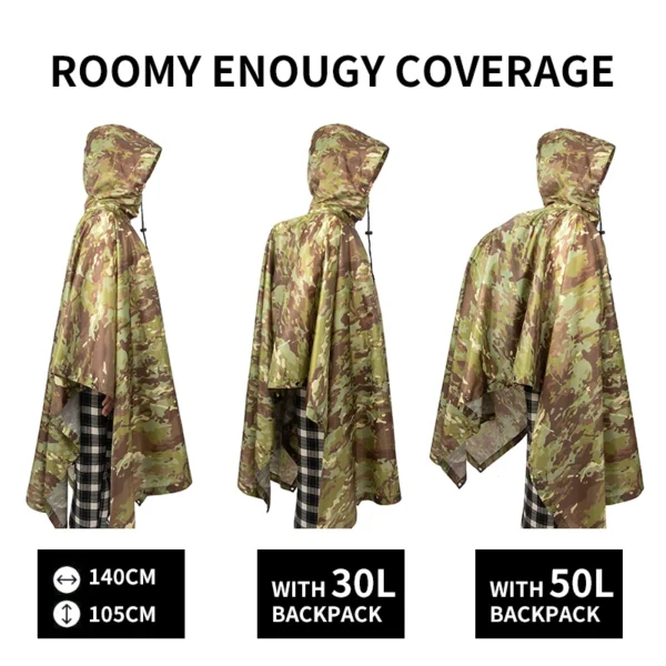 Outdoor Men's Rain Poncho - Multifunctional Waterproof Camouflage Cover for Camping, Hunting, Clothes Shelter, Tent - Military Emergency Raincoat - Image 3