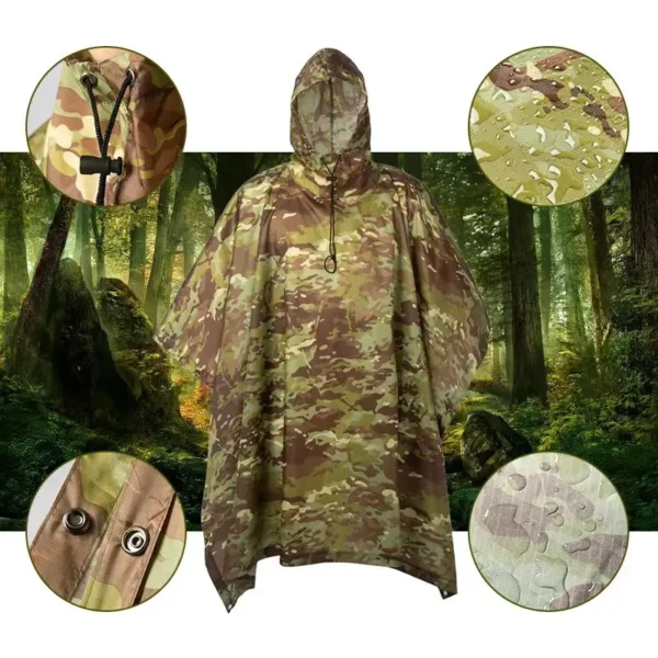 Outdoor Men's Rain Poncho - Multifunctional Waterproof Camouflage Cover for Camping, Hunting, Clothes Shelter, Tent - Military Emergency Raincoat - Image 5
