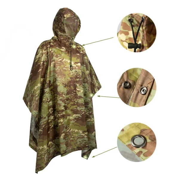 Outdoor Men's Rain Poncho - Multifunctional Waterproof Camouflage Cover for Camping, Hunting, Clothes Shelter, Tent - Military Emergency Raincoat