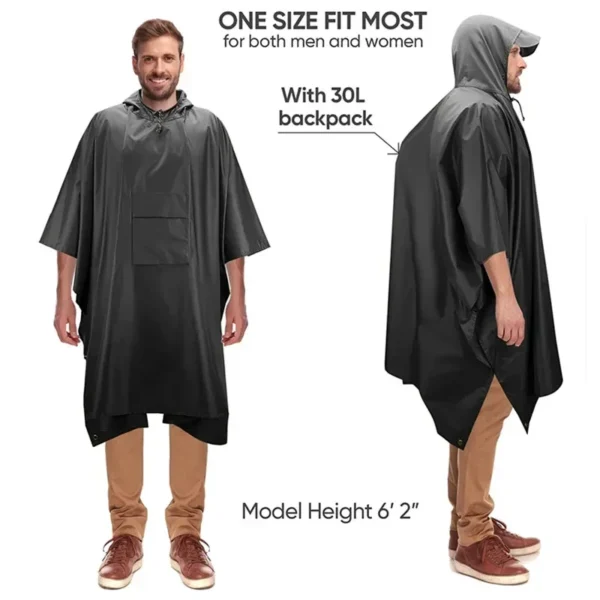 Hooded Waterproof Men's Rain Poncho with Pocket - Lightweight Unisex Raincoat Jacket for Outdoor Hiking, Camping, Emergency Use - Image 2
