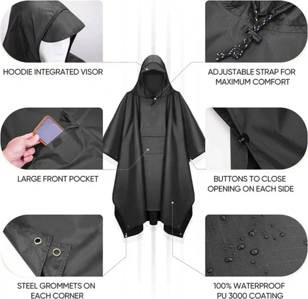 Hooded Waterproof Men's Rain Poncho with Pocket - Lightweight Unisex Raincoat Jacket for Outdoor Hiking, Camping, Emergency Use - Image 3