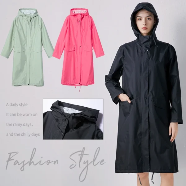Stylish Long Raincoat for Women - Waterproof Rain Jacket with Hood, Ideal Women Rain Poncho - Image 2