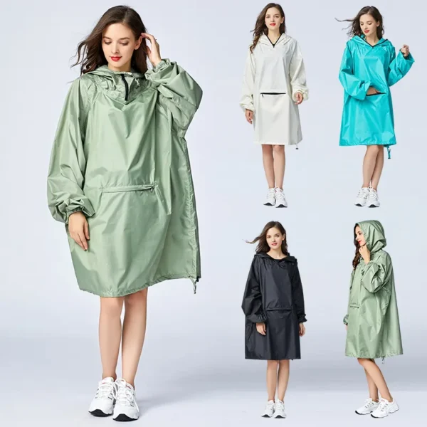 Women's Rain Poncho with Hood, Sleeves, and Big Front Pocket - Waterproof Cloak Raincoat